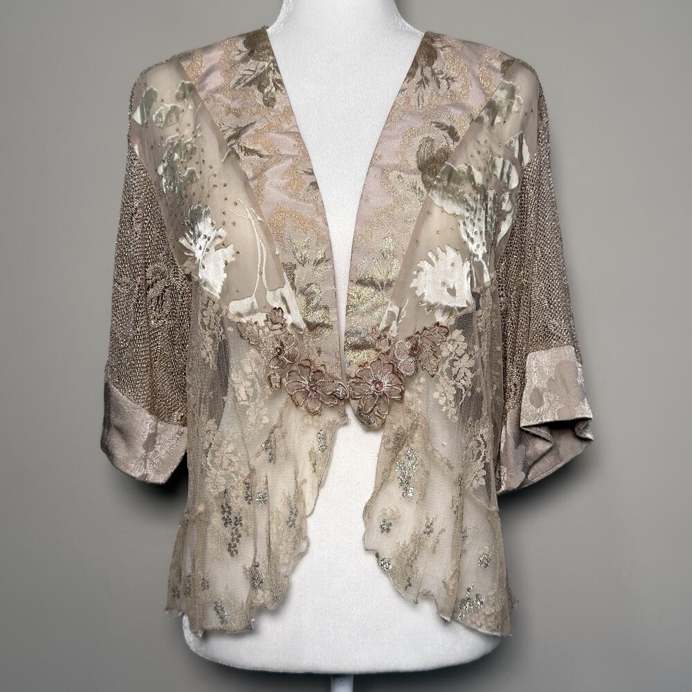 Spencer Alexis Y2K Silk Blend Lace Patchwork Gold Kimono Jacket Frog Closure M